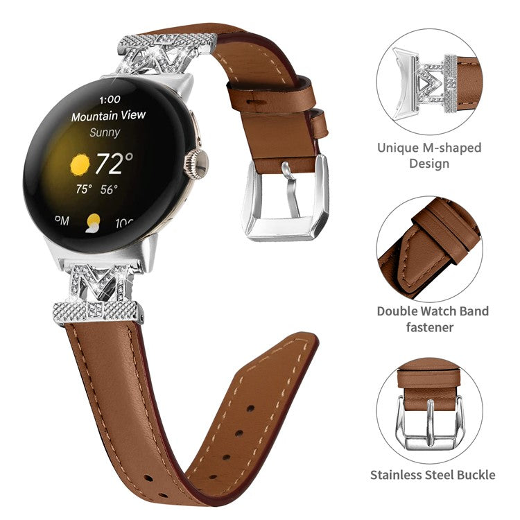 For Google Pixel Watch / Pixel Watch 2 Silver Buckle Genuine Cowhide Leather Watch Strap with M Shape Rhinestone Decor - Brown