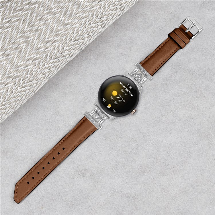 For Google Pixel Watch / Pixel Watch 2 Silver Buckle Genuine Cowhide Leather Watch Strap with M Shape Rhinestone Decor - Brown