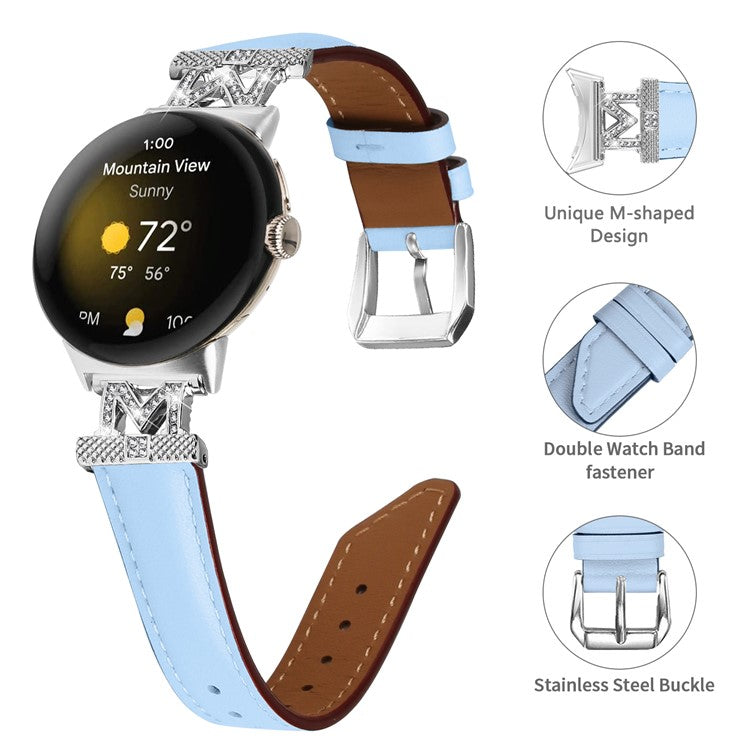 For Google Pixel Watch / Pixel Watch 2 Silver Buckle Genuine Cowhide Leather Watch Strap with M Shape Rhinestone Decor - Blue