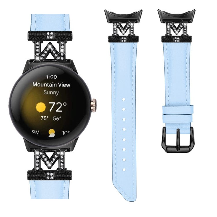 Watch Band for Google Pixel Watch / Pixel Watch 2 Black Buckle Genuine Cowhide Leather Strap with M Shape Rhinestone Decor - Blue