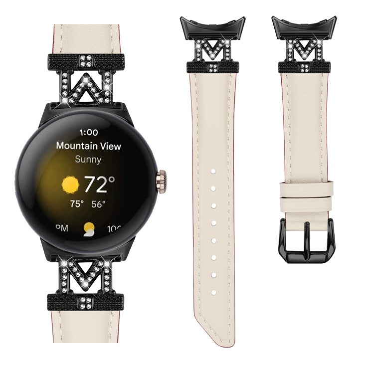 Watch Band for Google Pixel Watch / Pixel Watch 2 Black Buckle Genuine Cowhide Leather Strap with M Shape Rhinestone Decor - Apricot