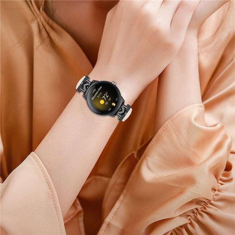 Watch Band for Google Pixel Watch / Pixel Watch 2 Black Buckle Genuine Cowhide Leather Strap with M Shape Rhinestone Decor - Apricot