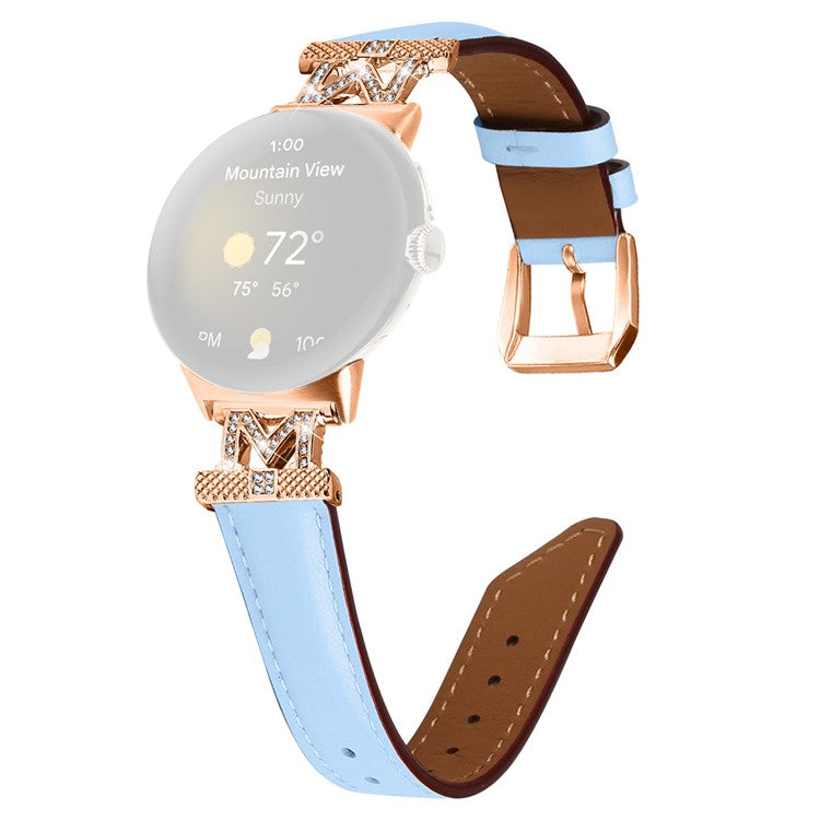 For Google Pixel Watch / Pixel Watch 2 Rose Gold Buckle Genuine Cowhide Leather Adjustable Watch Strap with M Shape Rhinestone Decor - Blue