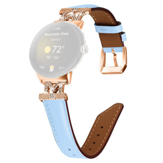 For Google Pixel Watch / Pixel Watch 2 Rose Gold Buckle Genuine Cowhide Leather Adjustable Watch Strap with M Shape Rhinestone Decor - Blue