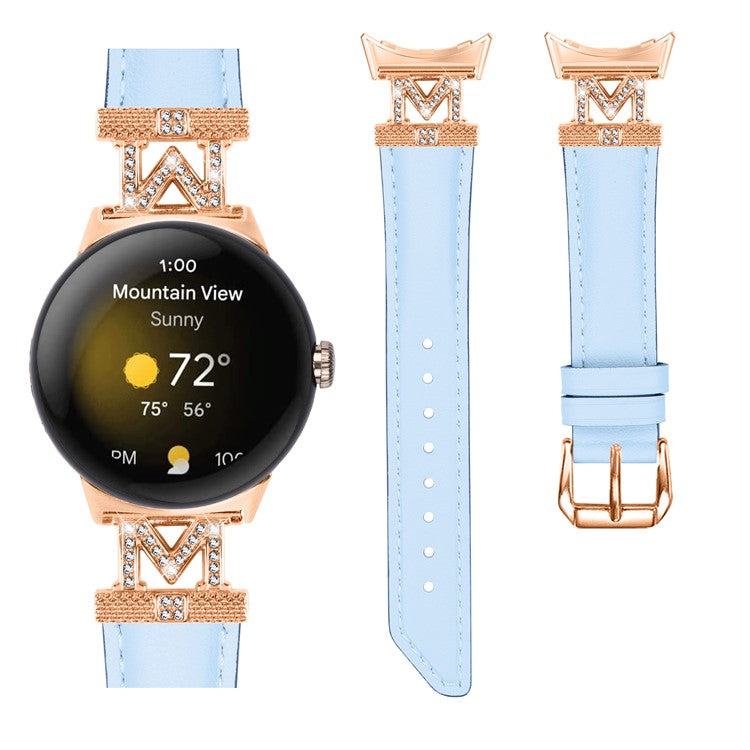 For Google Pixel Watch / Pixel Watch 2 Rose Gold Buckle Genuine Cowhide Leather Adjustable Watch Strap with M Shape Rhinestone Decor - Blue