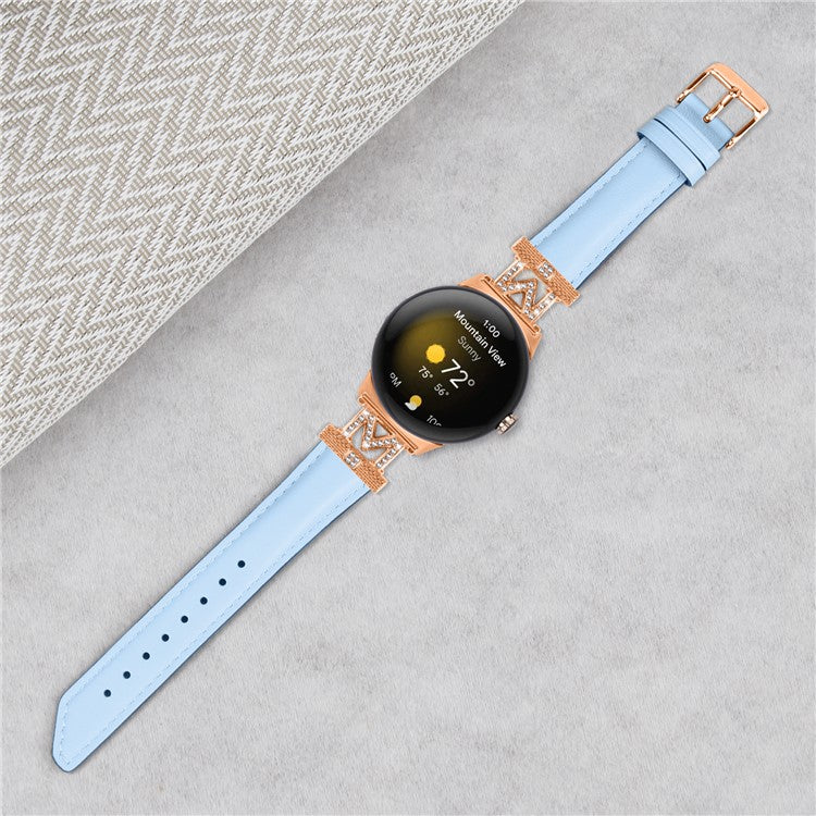 For Google Pixel Watch / Pixel Watch 2 Rose Gold Buckle Genuine Cowhide Leather Adjustable Watch Strap with M Shape Rhinestone Decor - Blue