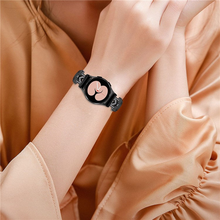 Watch Band for Samsung Galaxy Watch 5 / Watch4 44mm 40mm Rhinestone M-shape Connector Genuine Cow Leather Strap with Black Buckle - Black
