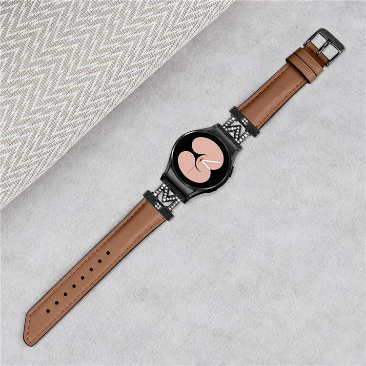 Genuine Cow Leather Band for Samsung Galaxy Watch6 40mm 44mm / Watch6 Classic 43mm 47mm Rhinestone M-shape Connector Watch Strap with Black Buckle - Brown