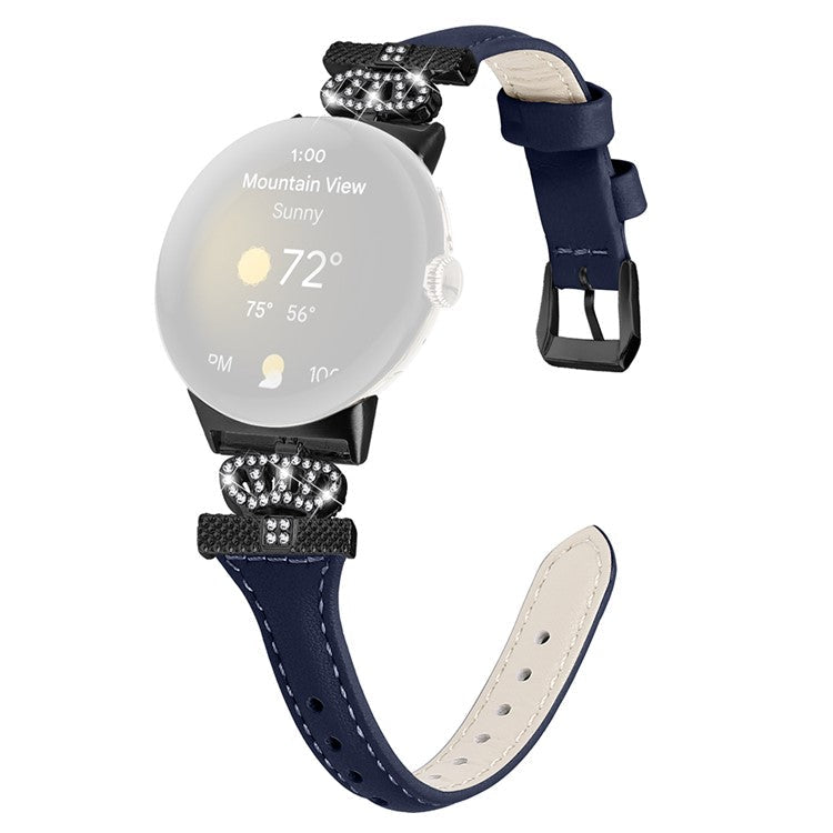 For Google Pixel Watch / Watch 2 Black Buckle Watch Strap Crown Rhinestone Connector Wrist Band - Dark Blue