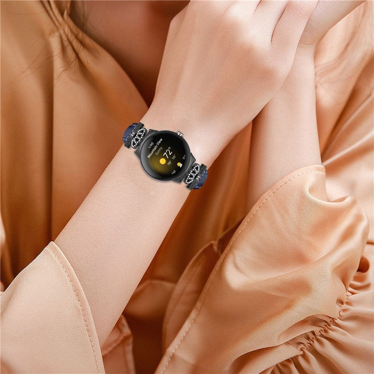 For Google Pixel Watch / Watch 2 Black Buckle Watch Strap Crown Rhinestone Connector Wrist Band - Dark Blue
