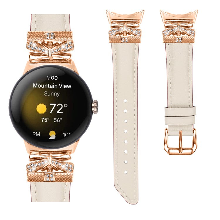 For Google Pixel Watch Genuine Cowhide Leather Watch Strap Rhinestone Design (Rose Gold Buckle) - Apricot
