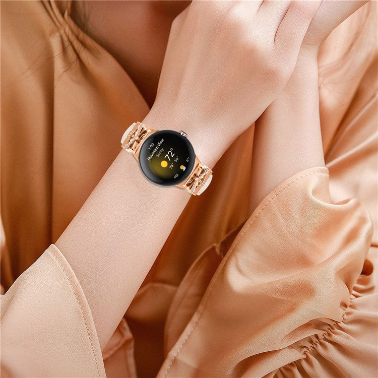 For Google Pixel Watch Genuine Cowhide Leather Watch Strap Rhinestone Design (Rose Gold Buckle) - Apricot
