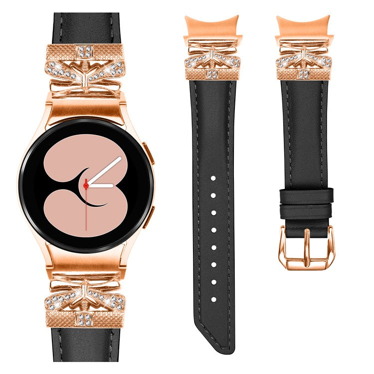 For Samsung Galaxy Watch6 44mm / Watch6 Classic 43mm / 47mm Watch Strap Rose Gold Buckle Butterfly Connector Band - Black