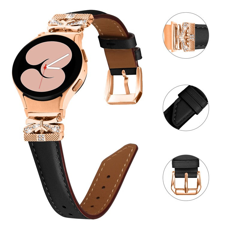 For Samsung Galaxy Watch6 44mm / Watch6 Classic 43mm / 47mm Watch Strap Rose Gold Buckle Butterfly Connector Band - Black