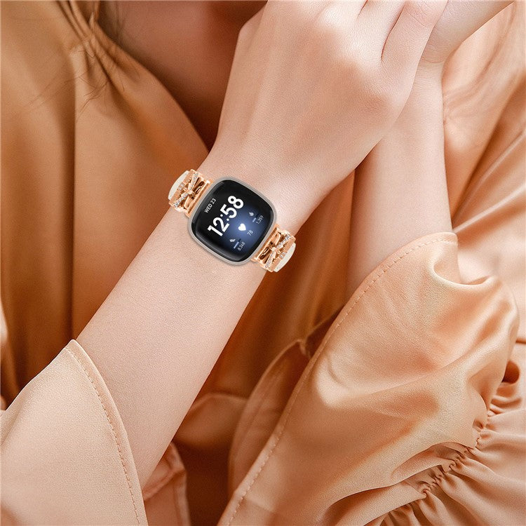 For Fitbit Versa 3 / 4 / Sense / Sense 2 Rose Gold Buckle Watch Strap Butterfly Connector Wrist Band - Apricot