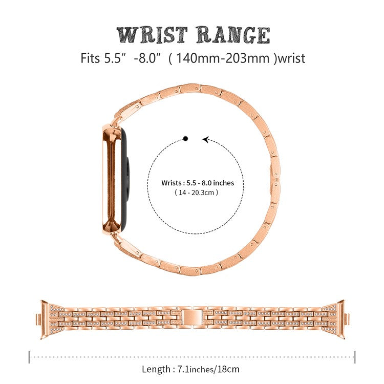 For Xiaomi Smart Band 8 Pro Metal Watch Strap 2-Row Rhinestone 5-Bead Watchband - Rose Gold