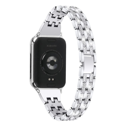 For Xiaomi Smart Band 8 Pro Metal Watch Strap 2-Row Rhinestone 5-Bead Watchband - Silver