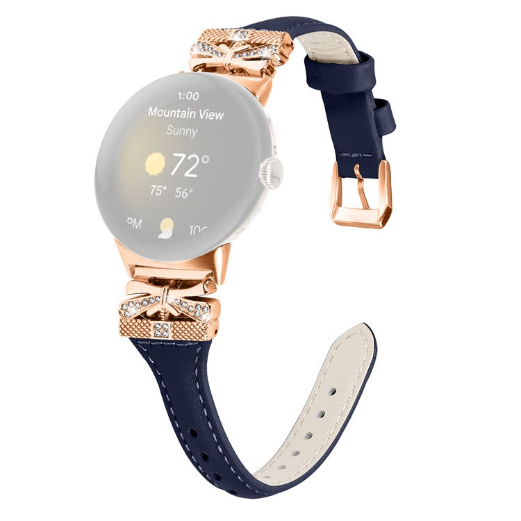Rose Gold Buckle Strap for Google Pixel Watch / Pixel Watch 2 Genuine Cowhide Leather Watchband - Dark Blue