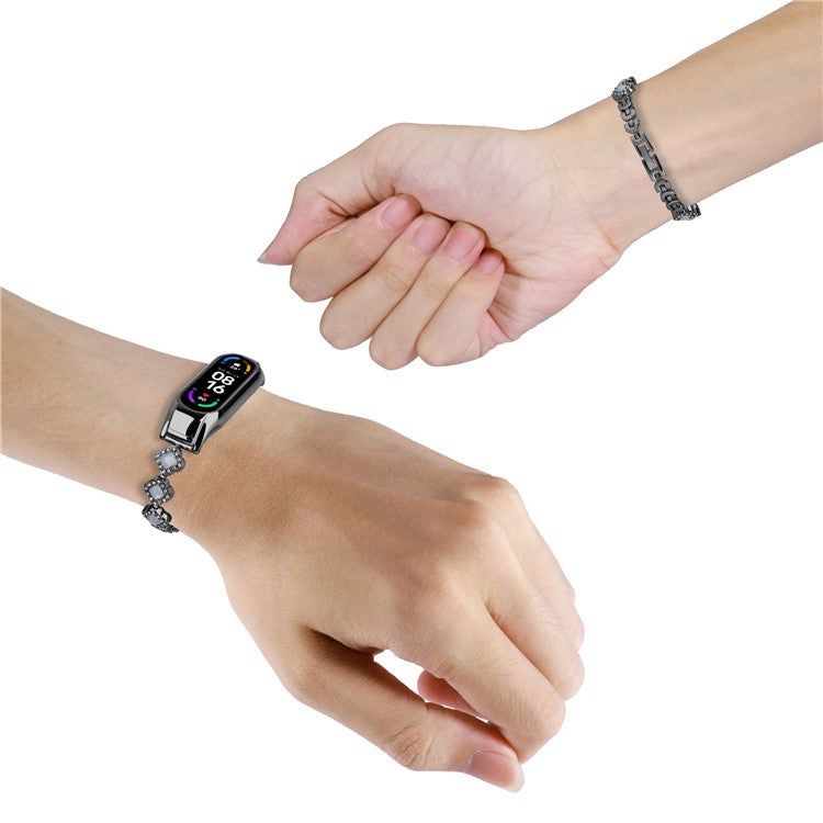 For Xiaomi Mi Band 5 / 6 Metal Watch Band Rhinestone Decor Clover Wrist Strap - Black