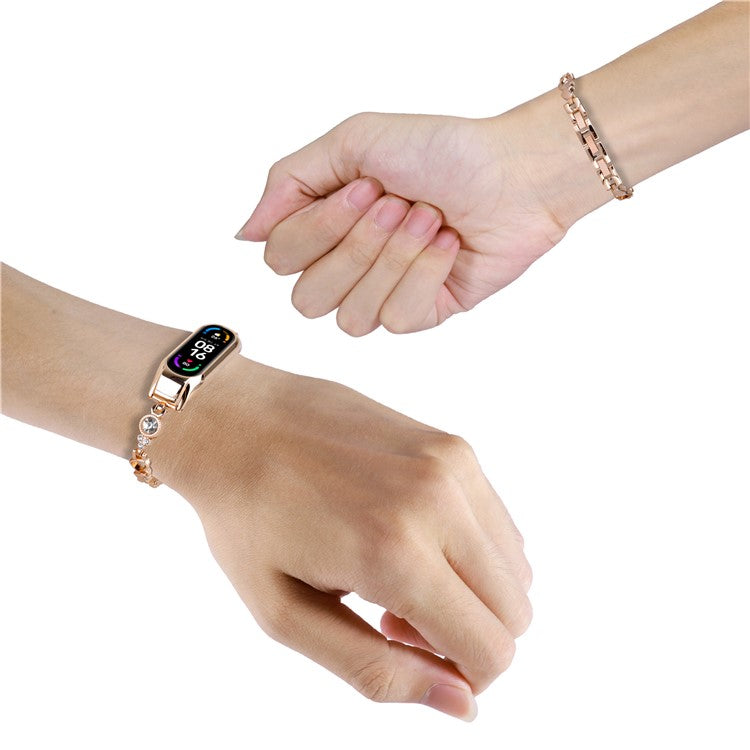 For Xiaomi Mi Band 7 Bling Band Rhinestones Decor Stylish Metal Wristband - Rose Gold