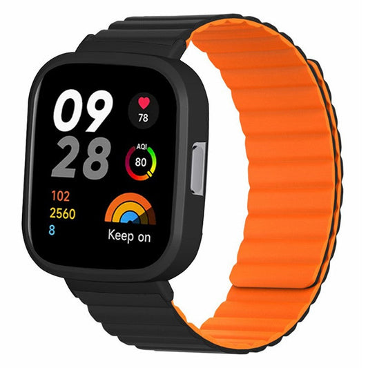 For Xiaomi Redmi Watch 3 Silicone Watch Band Magnetic Strap with PC Watch Case - Black+Orange