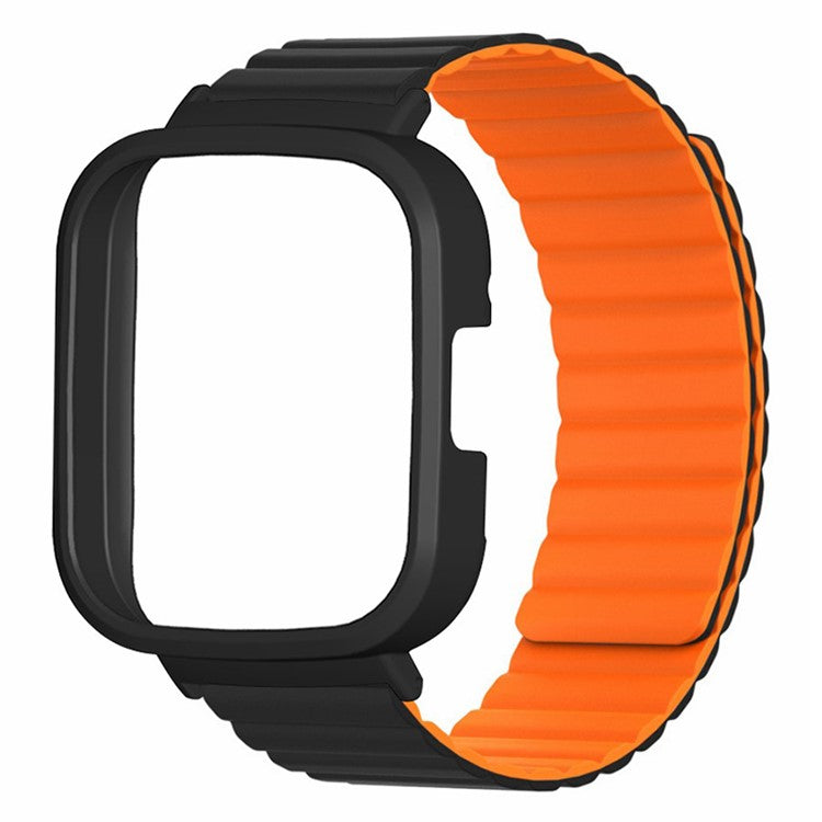 For Xiaomi Redmi Watch 3 Silicone Watch Band Magnetic Strap with PC Watch Case - Black+Orange