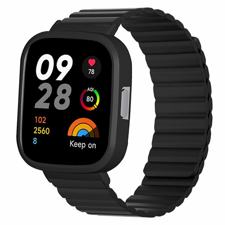 For Xiaomi Redmi Watch 3 Silicone Watch Band Magnetic Strap with PC Watch Case - Black