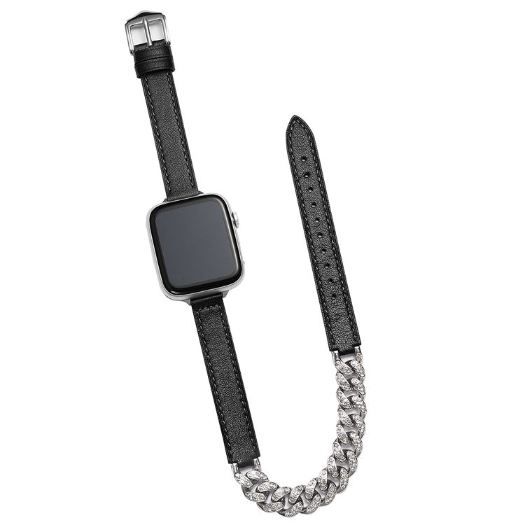 For Apple Watch Series 10 46mm / Ultra 2 Ultra 49mm /  Series 9 8 7 45mm / 6 5 4 SE (2023) SE (2022) SE 44mm / 3 2 1 42mm Watch Band Chain Leather Strap - Black