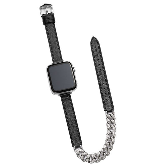 For Apple Watch Series 10 46mm / Ultra 2 Ultra 49mm /  Series 9 8 7 45mm / 6 5 4 SE (2023) SE (2022) SE 44mm / 3 2 1 42mm Watch Band Chain Leather Strap - Black