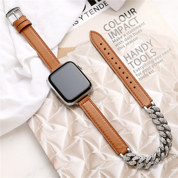 For Apple Watch Series 10 46mm / Ultra 2 Ultra 49mm /  Series 9 8 7 45mm / 6 5 4 SE (2023) SE (2022) SE 44mm / 3 2 1 42mm Watch Band Chain Leather Strap - Black