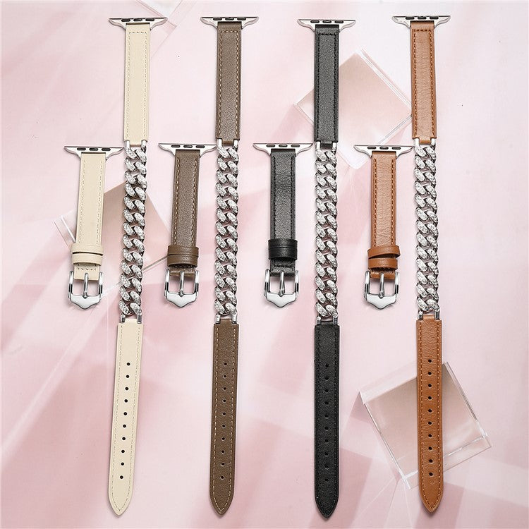 For Apple Watch Series 10 46mm / Ultra 2 Ultra 49mm /  Series 9 8 7 45mm / 6 5 4 SE (2023) SE (2022) SE 44mm / 3 2 1 42mm Watch Band Chain Leather Strap - Black