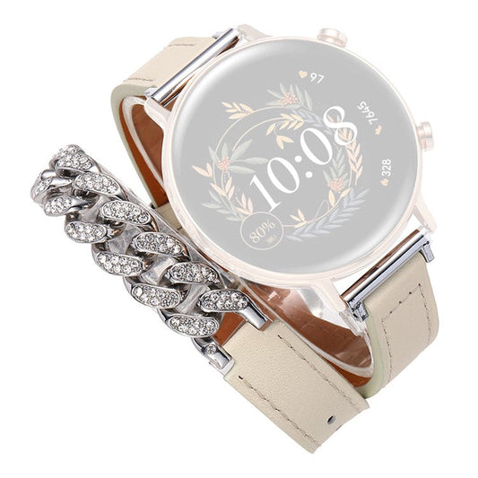 22mm Universal Smart Watch Band Bling Rhinestone Genuine Cow Leather+Chain Strap Replacement - White