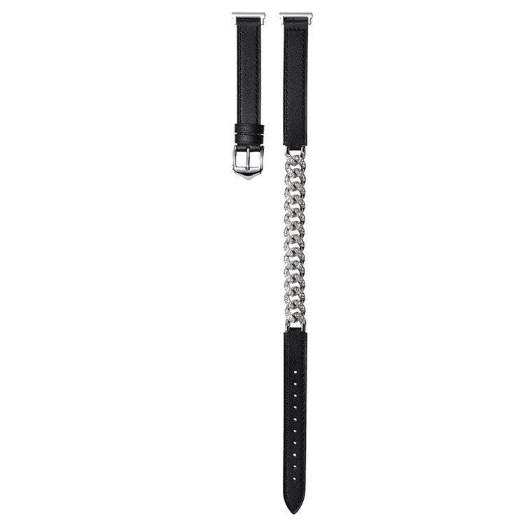 22mm Universal Smart Watch Band Bling Rhinestone Genuine Cow Leather+Chain Strap Replacement - Black