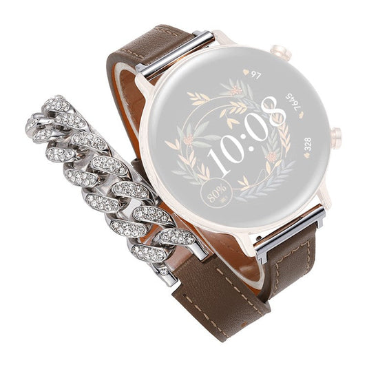 22mm Universal Smart Watch Band Bling Rhinestone Genuine Cow Leather+Chain Strap Replacement - Dark Brown