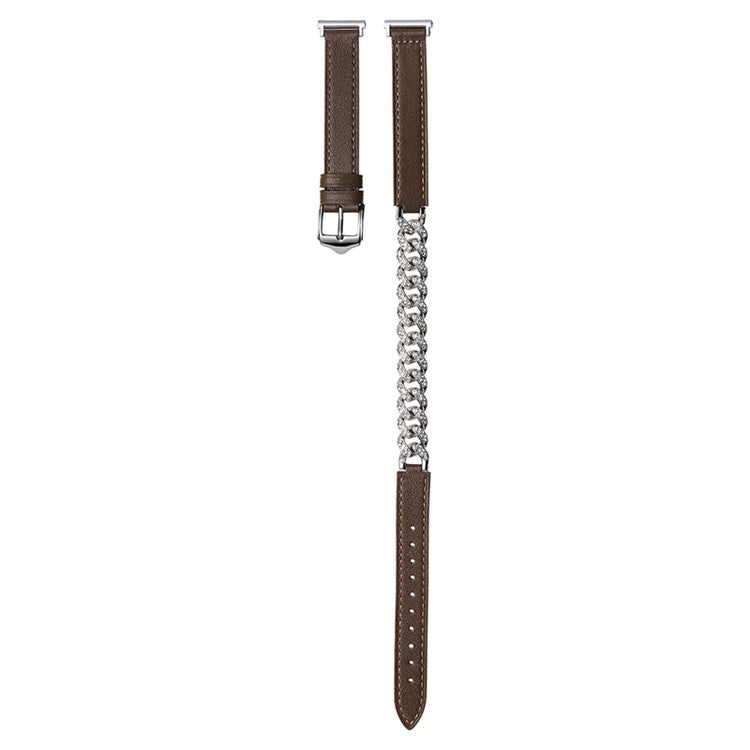 22mm Universal Smart Watch Band Bling Rhinestone Genuine Cow Leather+Chain Strap Replacement - Dark Brown