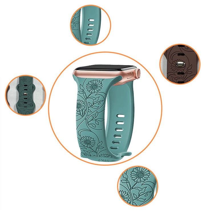 Watch Strap for Apple Watch Series 10 42mm / 9 8 7 41mm / SE (2023) SE (2022) SE 6 5 4 40mm / 3 2 1 38mm Flower Engraved Watch Band - Sunflower / Green