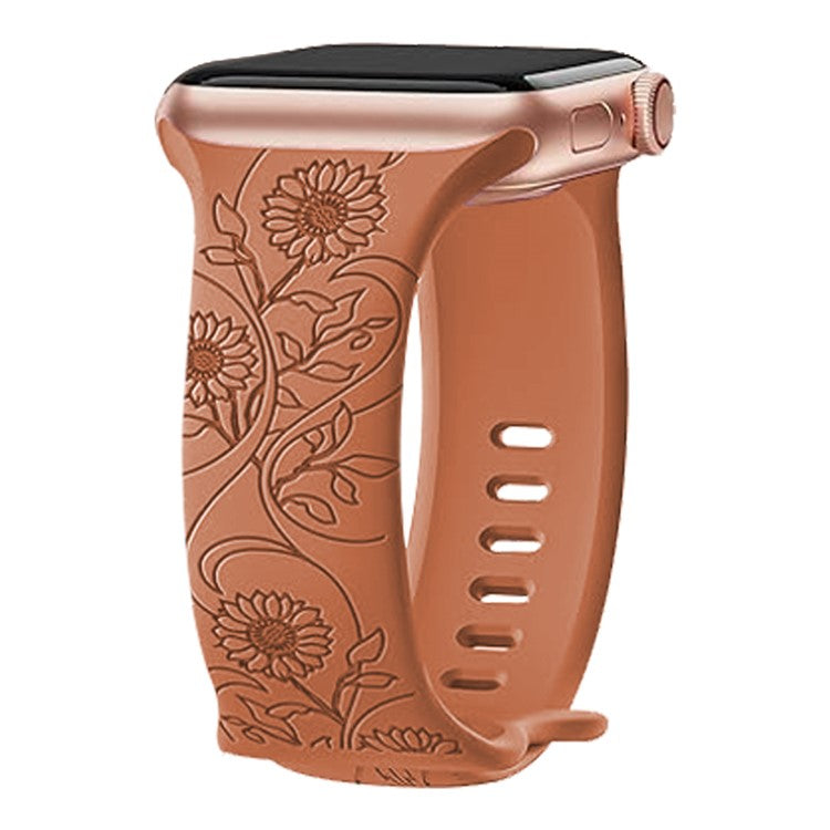 For Apple Watch Series 10 46mm / Ultra 2 Ultra 49mm /  Series 9 8 7 45mm / 6 5 4 SE (2023) SE (2022) SE 44mm / 3 2 1 42mm Engraved Silicone Watch Band - Sunflower / Brown