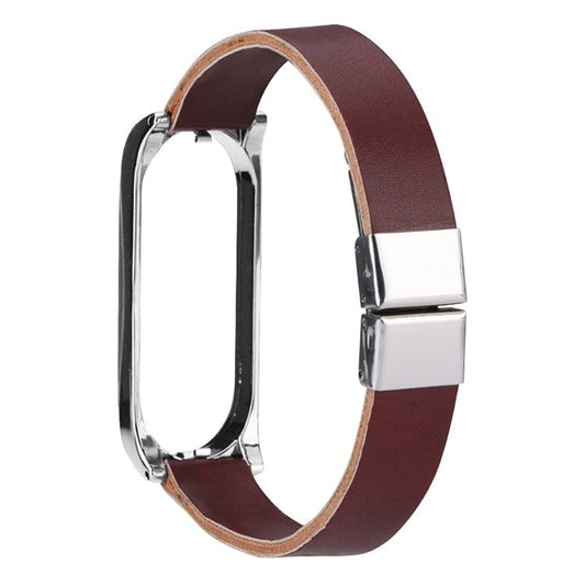 For Xiaomi Mi Band 7 / Band 7 NFC Leather Watch Strap with Watch Case - Dark Brown Strap / Silver me