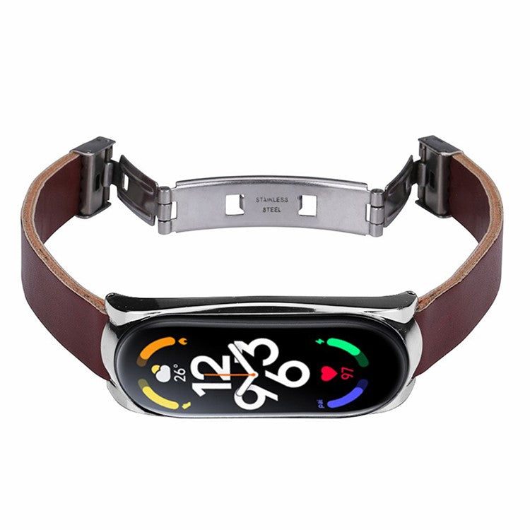 For Xiaomi Mi Band 7 / Band 7 NFC Leather Watch Strap with Watch Case - Dark Brown Strap / Silver me