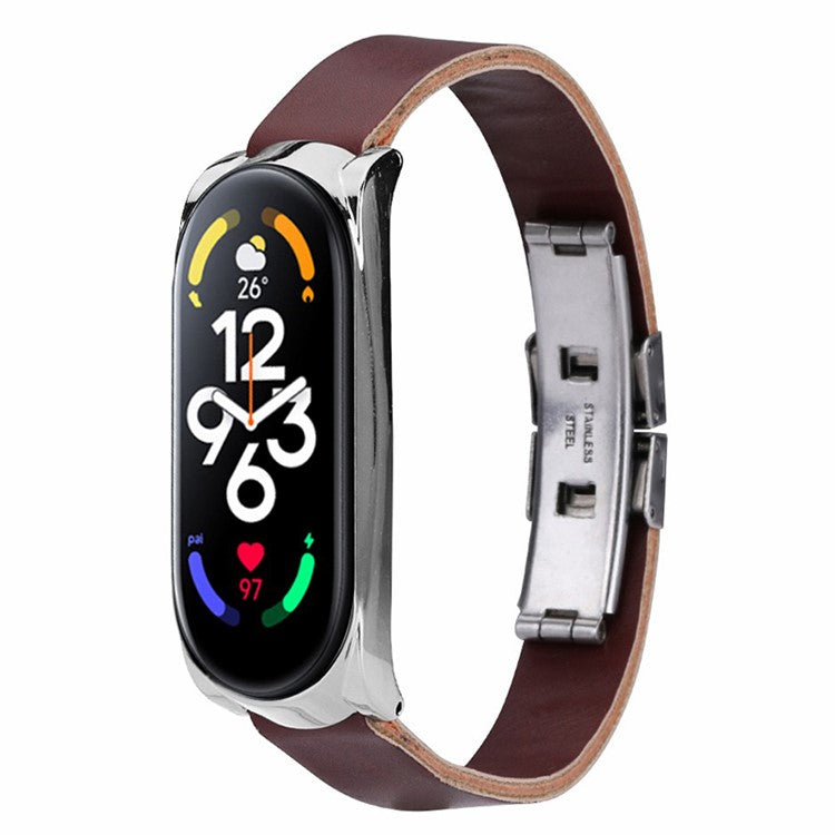 For Xiaomi Mi Band 7 / Band 7 NFC Leather Watch Strap with Watch Case - Dark Brown Strap / Silver me