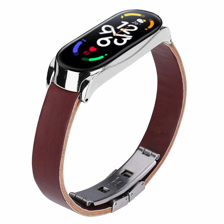 For Xiaomi Mi Band 7 / Band 7 NFC Leather Watch Strap with Watch Case - Dark Brown Strap / Silver me