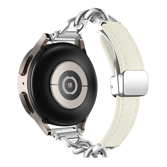 For Samsung Galaxy Watch6 / Garmin Venu Sq 2 Magnetic Watch Band 20mm Genuine Cow Leather Strap - Beige