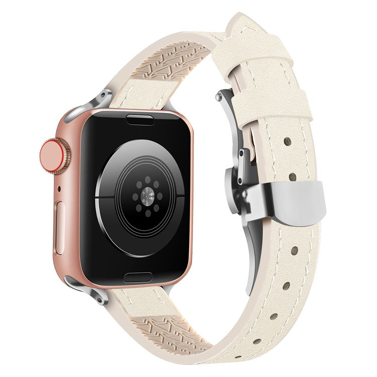 For Apple Watch Series 10 46mm / Ultra 2 Ultra 49mm /  Series 9 8 7 45mm / 6 5 4 SE (2023) SE (2022) SE 44mm / 3 2 1 42mm Watch Band - Beige / Silver Buckle