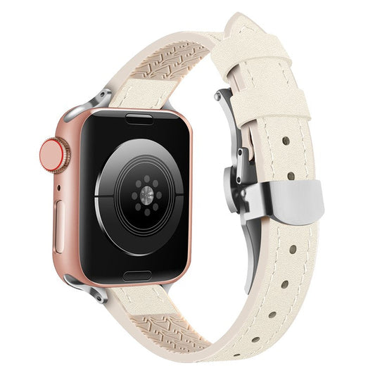 For Apple Watch Series 10 46mm / Ultra 2 Ultra 49mm /  Series 9 8 7 45mm / 6 5 4 SE (2023) SE (2022) SE 44mm / 3 2 1 42mm Watch Band - Beige / Silver Buckle