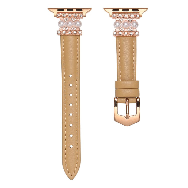 Watch Band for Apple Watch Series 10 42mm / 9 8 7 41mm / SE (2023) SE (2022) SE 6 5 4 40mm / 3 2 1 38mm Genuine Cow Leather Band Bling Bracelet - Khaki