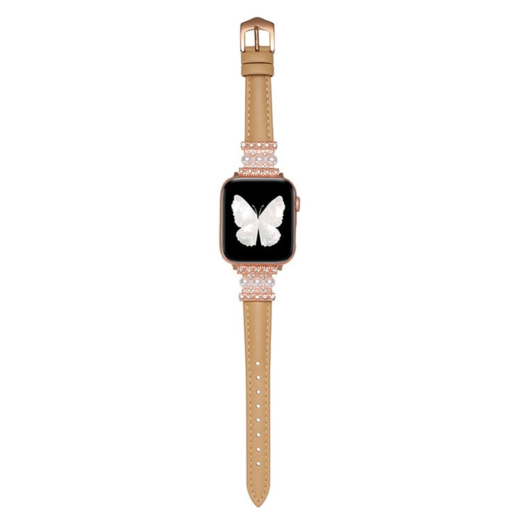 Watch Band for Apple Watch Series 10 42mm / 9 8 7 41mm / SE (2023) SE (2022) SE 6 5 4 40mm / 3 2 1 38mm Genuine Cow Leather Band Bling Bracelet - Khaki