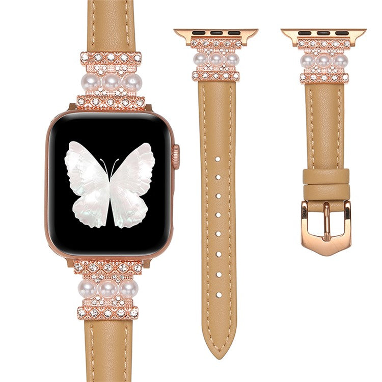Watch Band for Apple Watch Series 10 42mm / 9 8 7 41mm / SE (2023) SE (2022) SE 6 5 4 40mm / 3 2 1 38mm Genuine Cow Leather Band Bling Bracelet - Khaki