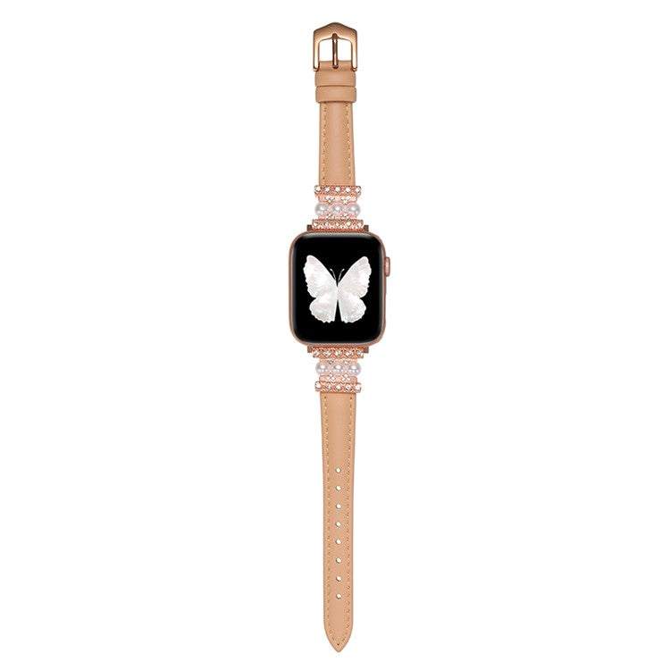 Watch Band for Apple Watch Series 10 42mm / 9 8 7 41mm / SE (2023) SE (2022) SE 6 5 4 40mm / 3 2 1 38mm Genuine Cow Leather Band Bling Bracelet - Camel