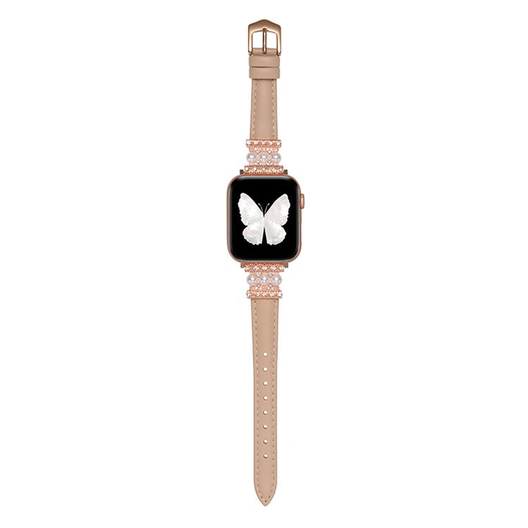 Watch Band for Apple Watch Series 10 42mm / 9 8 7 41mm / SE (2023) SE (2022) SE 6 5 4 40mm / 3 2 1 38mm Genuine Cow Leather Band Bling Bracelet - Deep Pink