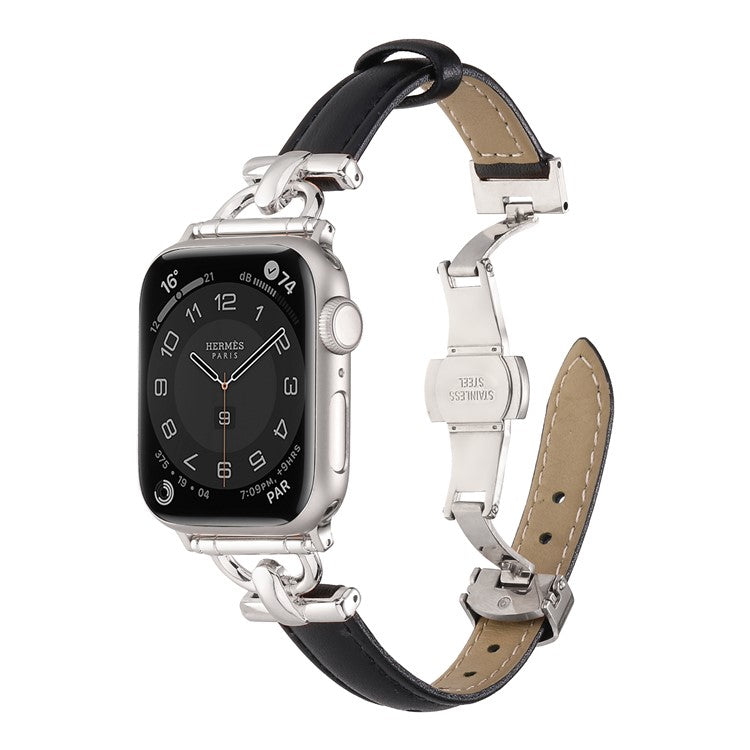 For Apple Watch 10 46mm / Ultra 2 / Ultra 49mm / 9 8 7 45mm / SE (2023) SE (2022) SE 6 5 4 44mm / 3 2 1 42mm Leather Watch Band - Black / Silver Buckle